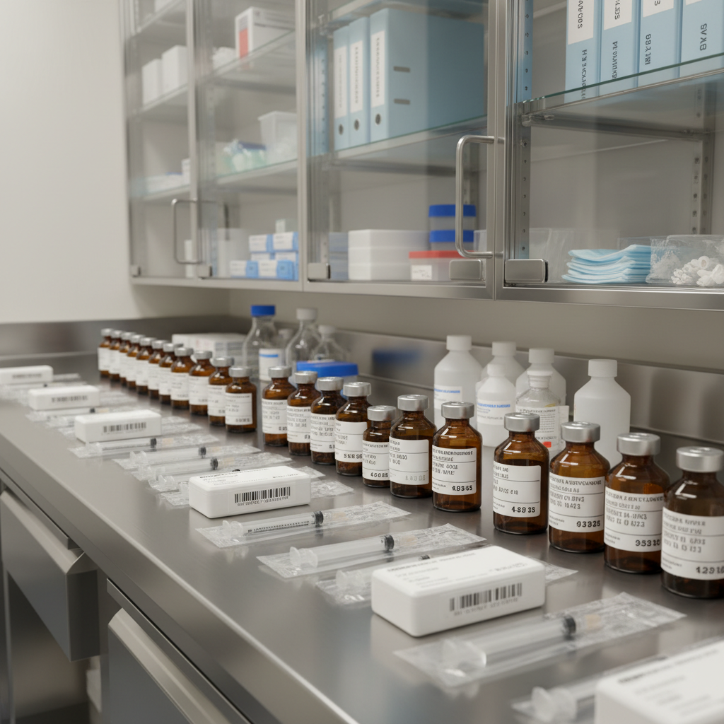 An array of carefully labeled amber and clear sample bottles, sterile syringes without needles, and barcoded specimen containers organized in a stainless steel clinical trial preparation area. The surface is impeccably clean, reflecting subtle highlights from overhead lights. Behind, transparent storage cabinets display neatly aligned lab supplies and documentation folders in white and pale blue. Soft, diffused laboratory lighting eliminates harsh shadows, creating an evenly illuminated, highly controlled environment. Captured in photographic realism from a side angle at bench height, with shallow depth of field that keeps the primary tools in sharp focus and gently blurs the background. The mood is methodical and precise, conveying safety, regulatory compliance, and attention to detail for a professional research organization.