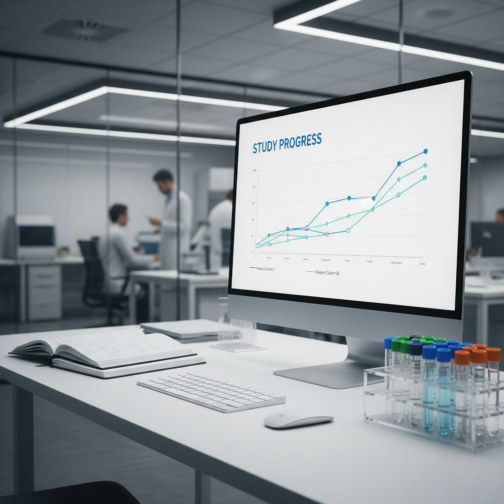 A close-up of a modern clinical trial workstation featuring a high-resolution computer monitor displaying a detailed, anonymized graph of trial results with clean blue and teal data lines against a white interface labeled “Study Progress.” The monitor rests on a minimalist white desk with a wireless keyboard, stacked lab notebooks, and neatly arranged, color-coded sample tubes in a rack. The setting is a contemporary research office adjacent to a glass-walled lab, softly blurred in the background. Cool, even LED lighting from above creates a bright, focused environment. Shot from a slightly elevated perspective with photographic realism, the composition follows the rule of thirds, highlighting data integrity, organization, and analytical rigor for a professional clinical research site.