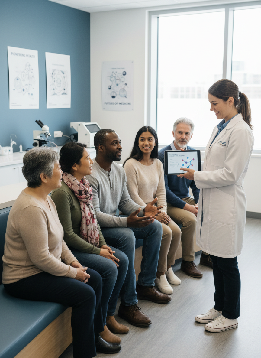 Diverse group of adult clinical trial participants of different ages and ethnicities sitting together in a bright, modern research clinic. They are smiling and talking with a friendly clinician in a lab coat who is showing information on a tablet. Medical posters and subtle lab equipment are visible in the background. The mood is welcoming, safe, and optimistic, emphasizing informed consent and collaboration.