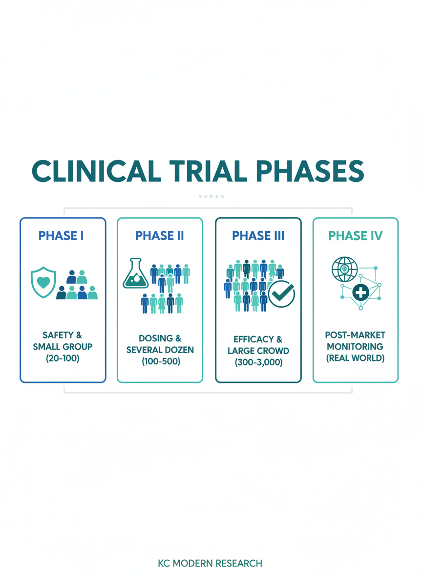 Clean, modern infographic-style illustration explaining the four phases of a clinical trial (Phase I, Phase II, Phase III, Phase IV). Horizontal timeline with four labeled segments, each with a short icon-like visual: safety and small group for Phase I, dosing and several dozen people for Phase II, large diverse crowd and efficacy for Phase III, and post-market monitoring with globe or healthcare system for Phase IV. Use KC Modern Research brand-friendly colors (teal and blue on white), simple flat design, clear typography, and plenty of white space. Designed to look professional in a clinical research website hero section.