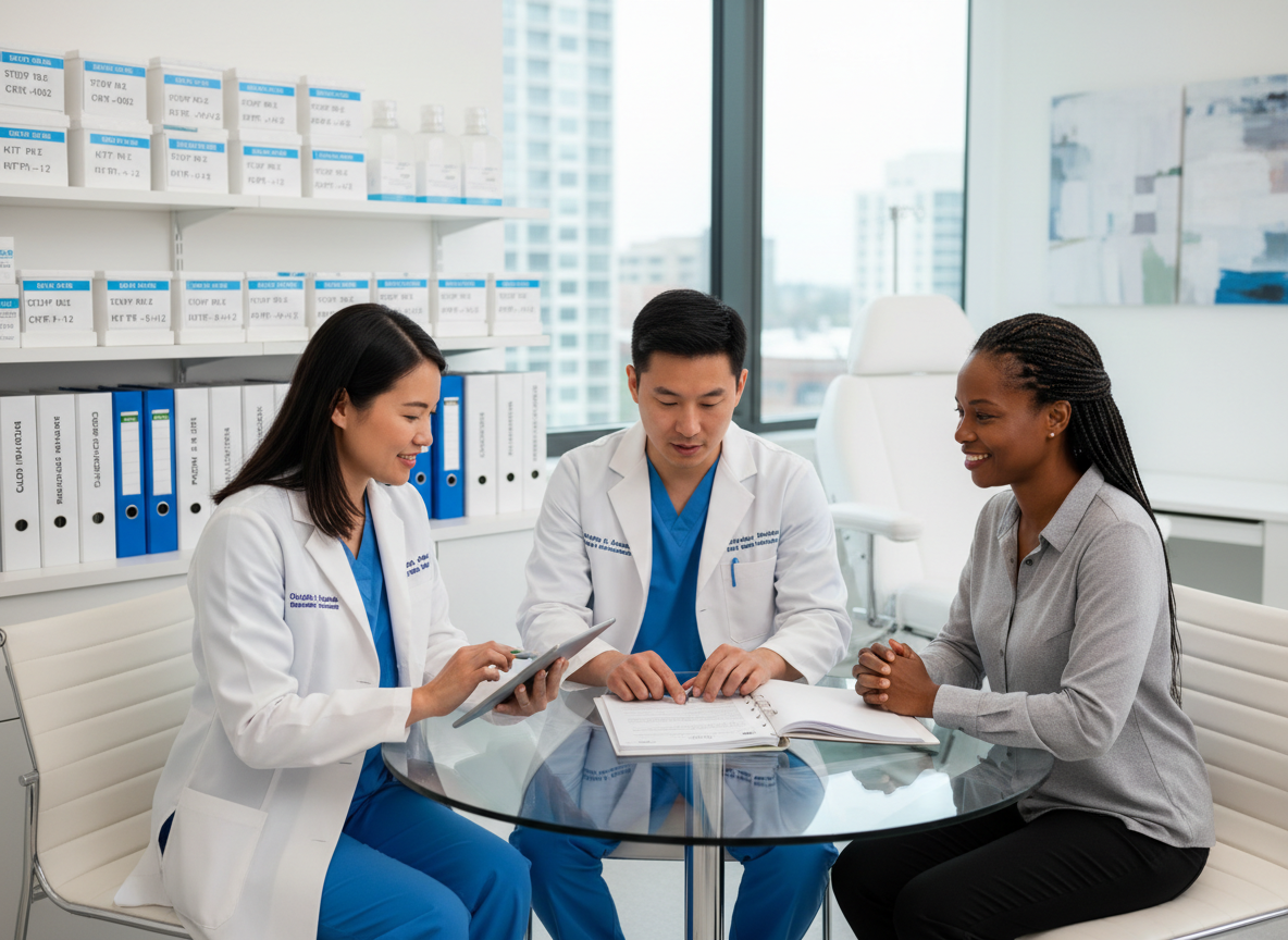 Clinical research clinicians conducting a study visit with a diverse patient in an exam room, documenting data on a tablet and reviewing informed consent forms. Background includes lab sample kits and trial documentation binders. Bright, contemporary medical research office, professional stock-photo style.