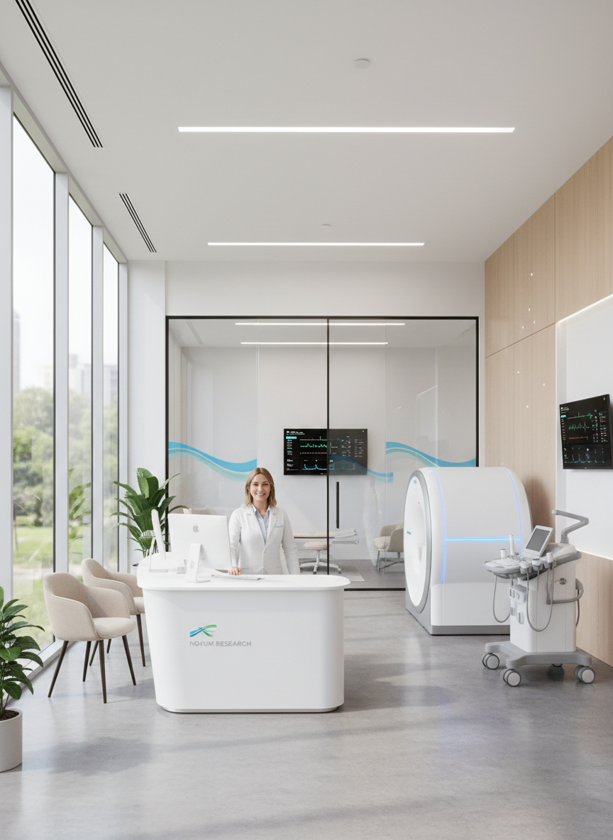 a modern clinical research clinic interior with medical equipment, consultation desk, and subtle branding, clean and professional, bright natural lighting