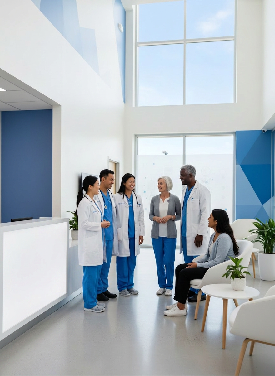 clinical-research-team A modern, diverse clinical research team interacting with study participants in a professional medical setting, bright and welcoming, blue and white color palette, minimal background clutter, suitable as a website hero image