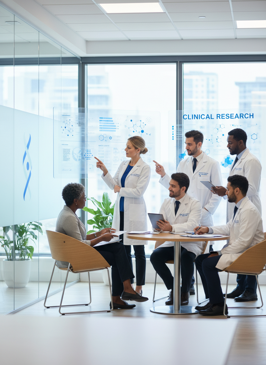 a modern, professional clinical research scene in a medical office, diverse researchers reviewing trial data and working with patients, clean blue and white color palette, minimal, trustworthy, high quality